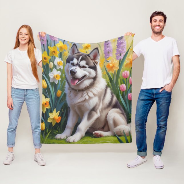 Siberischer Husky Dog Frühlingsblumen Malerei Fleecedecke (Beispiel)