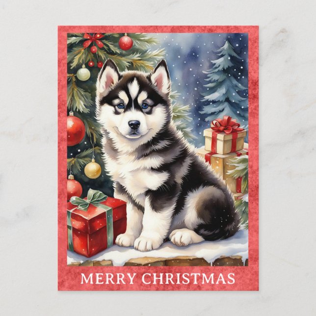 Siberischer Husky Frohe Weihnachten Niedliche Welp Postkarte (Vorderseite)