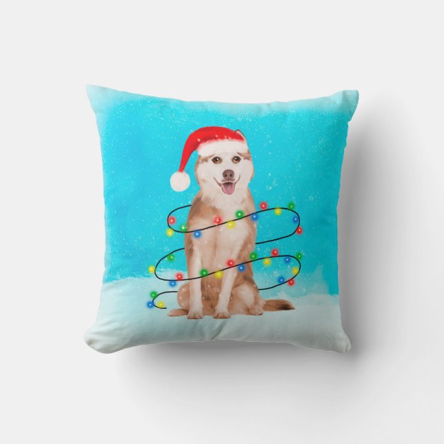 Siberischer Husky Hund im Schnee mit Weihnachtshut Kissen (Vorderseite)