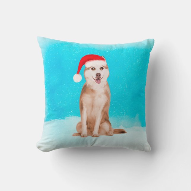 Siberischer Husky-Hund im Schnee mit Weihnachtshut Kissen (Vorderseite)