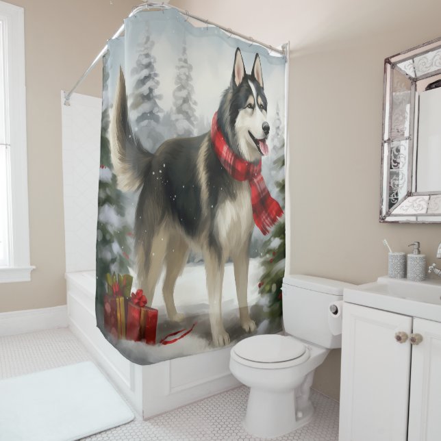 Siberischer Husky-Hund im Schnee Weihnachten Duschvorhang (Beispiel)
