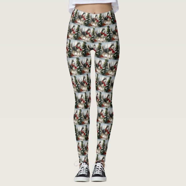 Siberischer Husky-Hund im Schnee Weihnachten Leggings (Vorderseite)