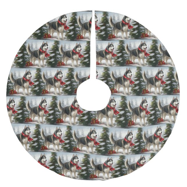 Siberischer Husky-Hund im Schnee Weihnachten Polyester Weihnachtsbaumdecke (Vorderseite)