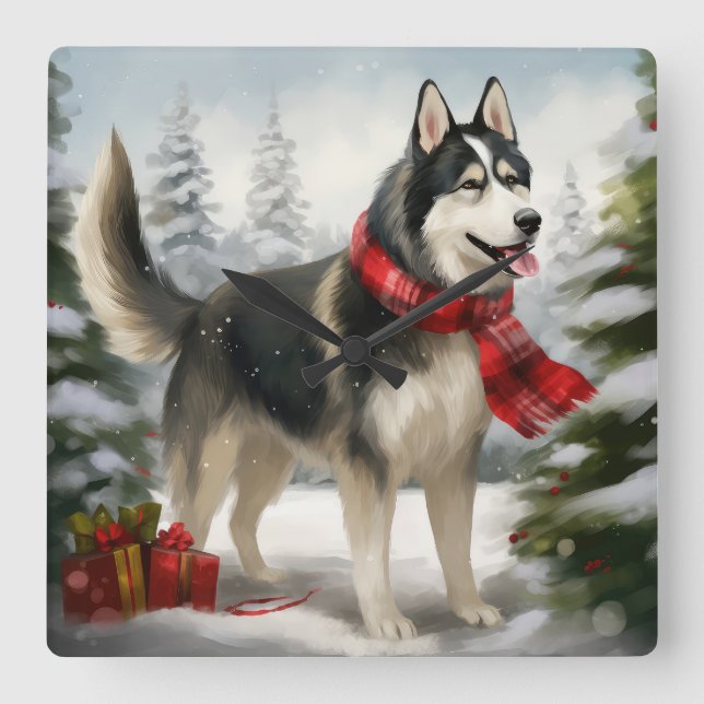 Siberischer Husky-Hund im Schnee Weihnachten Quadratische Wanduhr (Vorderseite)