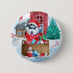 Siberischer Husky Hund im Schnee Weihnachtshundeha Button