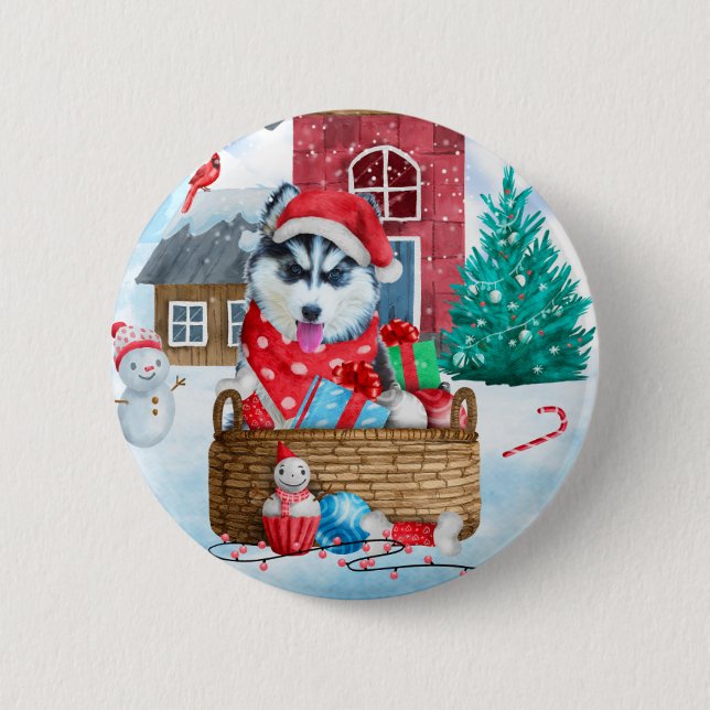 Siberischer Husky Hund im Schnee Weihnachtshundeha Button (Vorderseite)