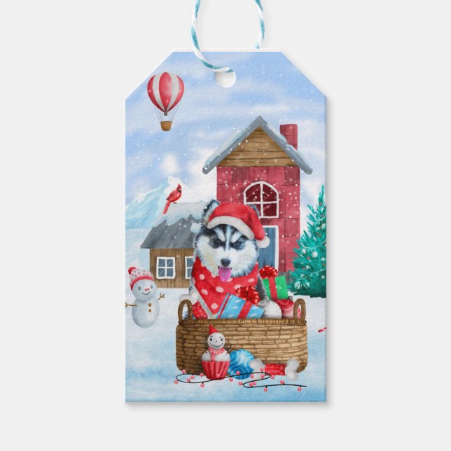 Siberischer Husky Hund im Schnee Weihnachtshundeha Geschenkanhänger (Vorderseite)
