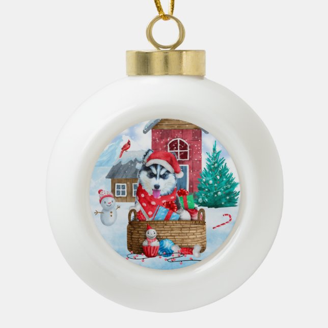 Siberischer Husky Hund im Schnee Weihnachtshundeha Keramik Kugel-Ornament (Vorderseite)