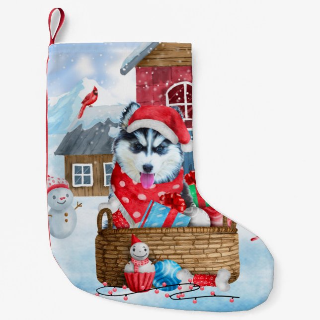 Siberischer Husky Hund im Schnee Weihnachtshundeha Kleiner Weihnachtsstrumpf (Vorderseite)