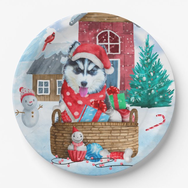 Siberischer Husky Hund im Schnee Weihnachtshundeha Pappteller (Vorderseite)