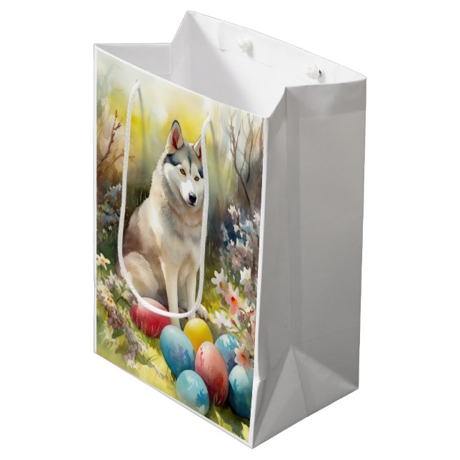 Siberischer Husky-Hund mit Ostereiern Mittlere Geschenktüte (Vorderseite Schrägansicht)