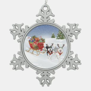 Siberischer Husky-Hund mit Weihnachtslieder umhül Schneeflocken Zinn-Ornament