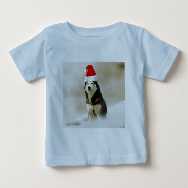 Siberischer Husky-Hund mit Weihnachtsmannmütze im  Baby T-shirt (Vorderseite)