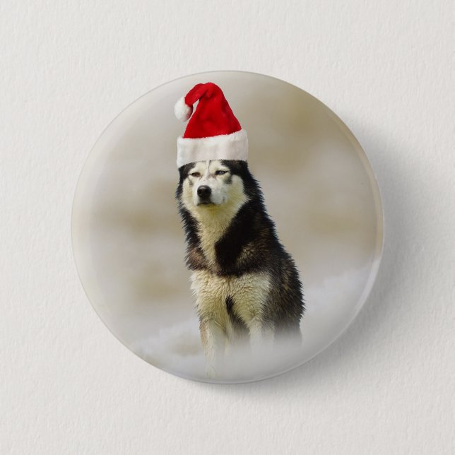 Siberischer Husky-Hund mit Weihnachtsmannmütze im  Button (Vorderseite)