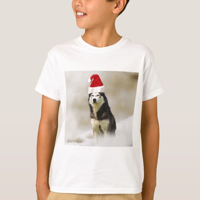 Siberischer Husky-Hund mit Weihnachtsmannmütze im  T-Shirt (Vorderseite)