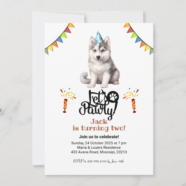 Siberischer Husky-Hundehut Lass uns Pawty Birthday Einladung (Vorderseite)