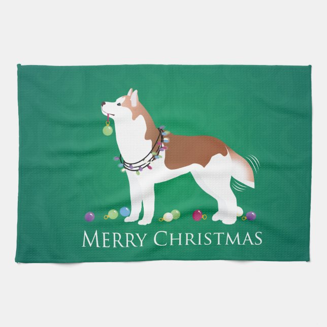 Siberischer Husky - Rot - Frohe Weihnachtsgestaltu Geschirrtuch (Horizontal)
