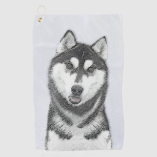 Siberischer Husky (Schwarz und Weiß) Malerei Hund Golfhandtuch