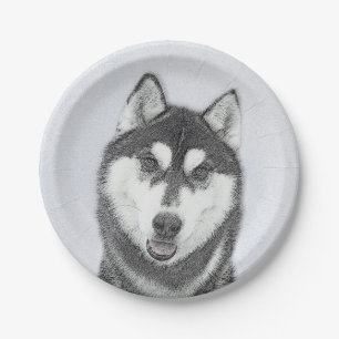 Siberischer Husky (Schwarz und Weiß) Malerei Hund Pappteller