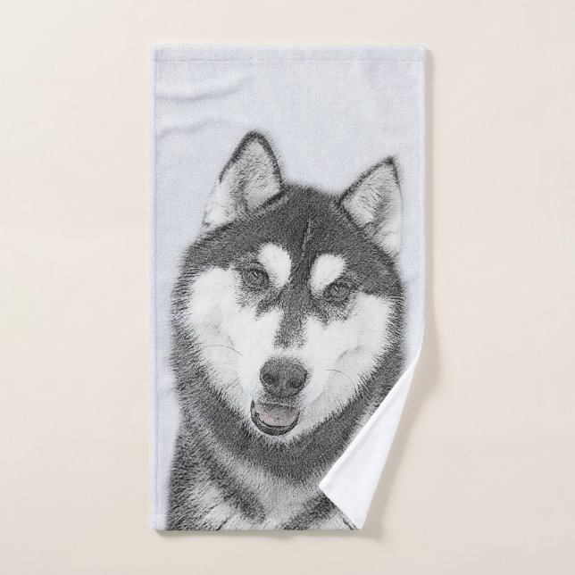 Siberischer Husky (Schwarz und Weiß) Malerei Hunde Badhandtuch Set (Handtuch)