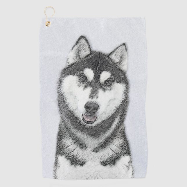 Siberischer Husky (Schwarz und Weiß) Malerei Hunde Golfhandtuch (Vorderseite)