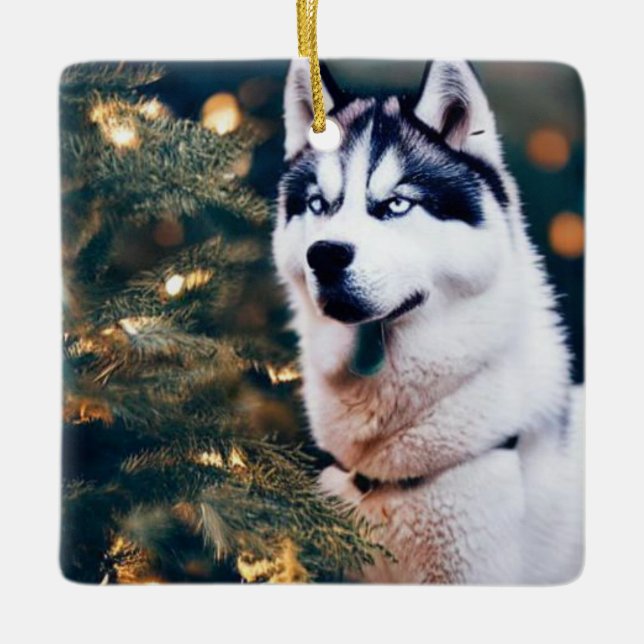 Siberischer Husky unter Weihnachtsbaum Keramikornament (Vorderseite)