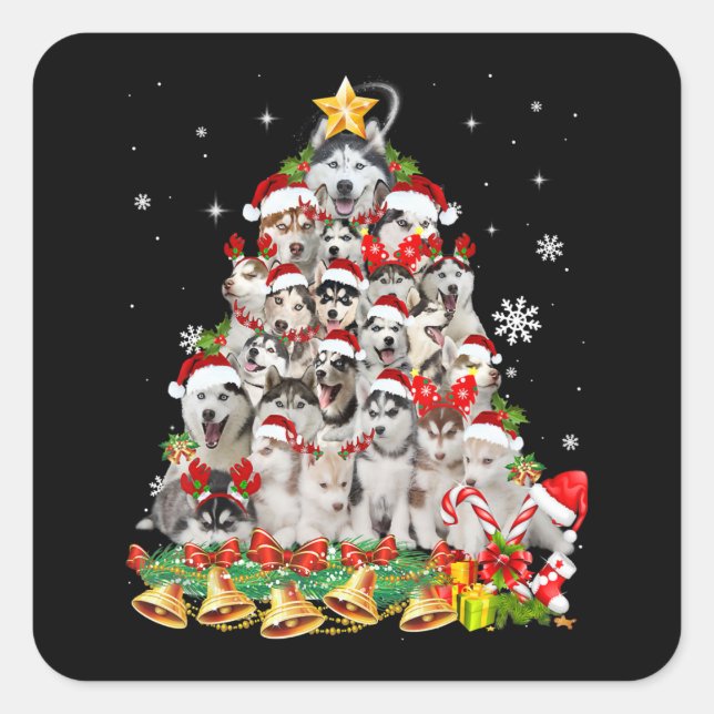 Siberischer Husky Weihnachtsbaum Lights Funny Dog Quadratischer Aufkleber (Vorderseite)