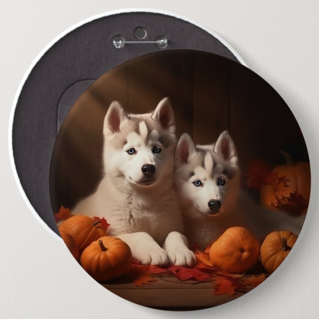 Siberischer Husky Welpe Herbst Kürbis Button (Vorne & Hinten)