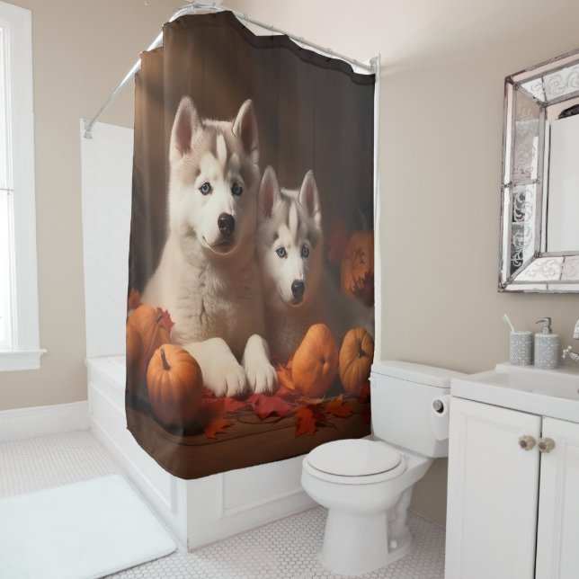 Siberischer Husky Welpe Herbst Kürbis Duschvorhang (Beispiel)