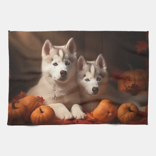Siberischer Husky Welpe Herbst Kürbis Geschirrtuch (Horizontal)
