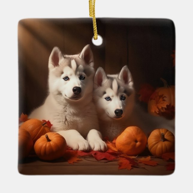 Siberischer Husky Welpe Herbst Kürbis Keramikornament (Vorderseite)