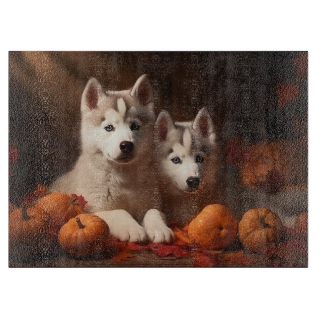 Siberischer Husky Welpe Herbst Kürbis Schneidebrett (Vorderseite)