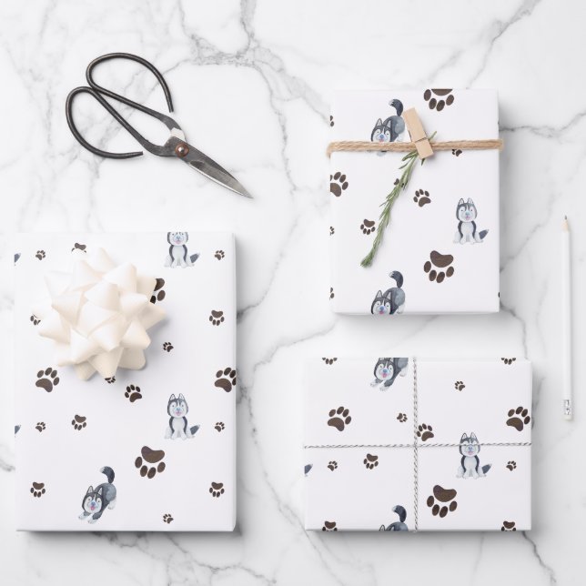 Siberischer Husky Welpe Hund Pet Paw Prints Tracks Geschenkpapier Set (Vorderseite)