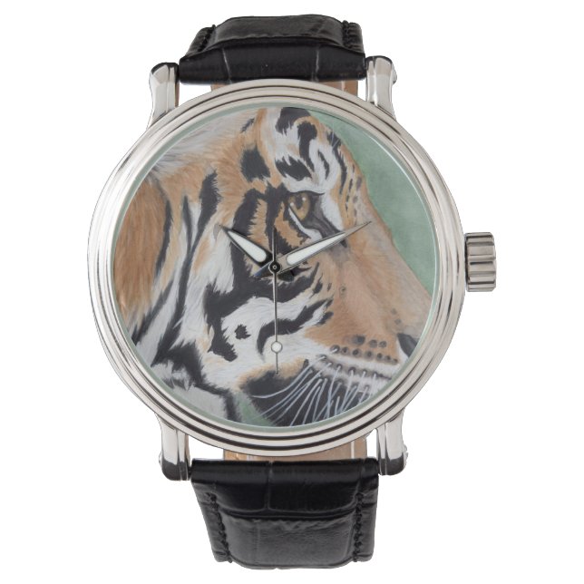 Siberischer Tiger schaut Black Leather Band Option Armbanduhr (Vorderseite)