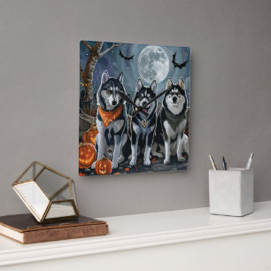 Sibirian Husky Halloween Gruselig  Quadratische Wanduhr