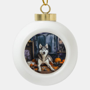 Sibirian Husky Kürbisse Halloween Gruselig Keramik Kugel-Ornament
