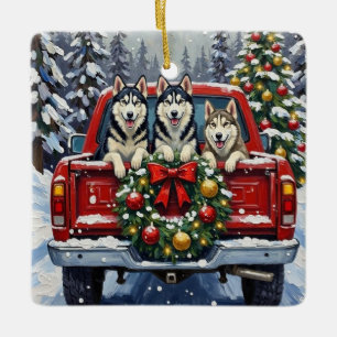 Sibirian Husky Weihnachten Rotes Lastwagen Ferien Keramikornament