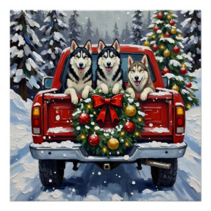 Sibirian Husky Weihnachten Rotes Lastwagen Ferien Poster