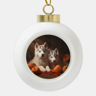 Sibirian Husky Welpe Herbstfreude Kürbis Keramik Kugel-Ornament