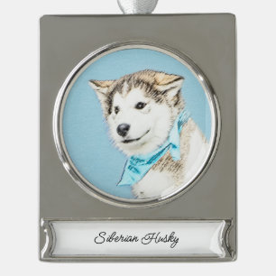 Sibirian Husky Welpenmalerei - Originale Hundekuns Banner-Ornament Silber