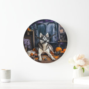 Sibirische Husky-Kürbisse Halloween Gruselig Große Wanduhr