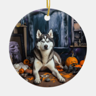 Sibirische Husky-Kürbisse Halloween Gruselig Keramik Ornament