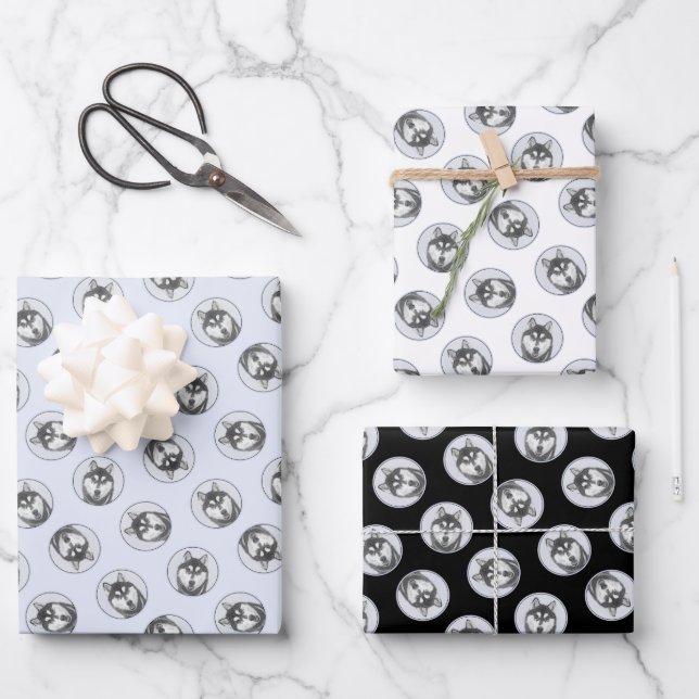 Sibirische Husky Malerei Schwarz-Weiß-Hunde Kunst Geschenkpapier Set (Vorderseite)