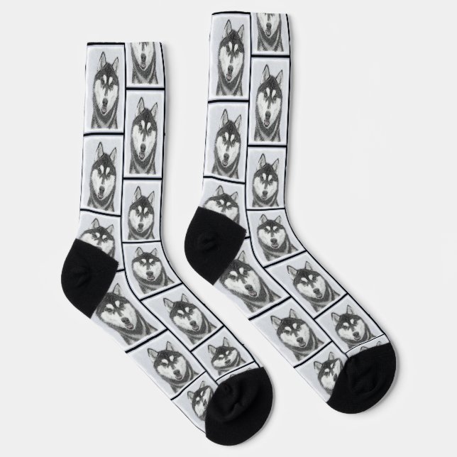 Sibirische Husky Malerei Schwarz-Weiß-Hunde Kunst Socken (Rechts)