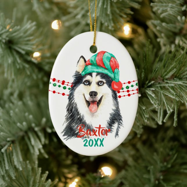 Sibirische Husky Weihnachtsmannmütze Holiday Strin Keramik Ornament (Baum)