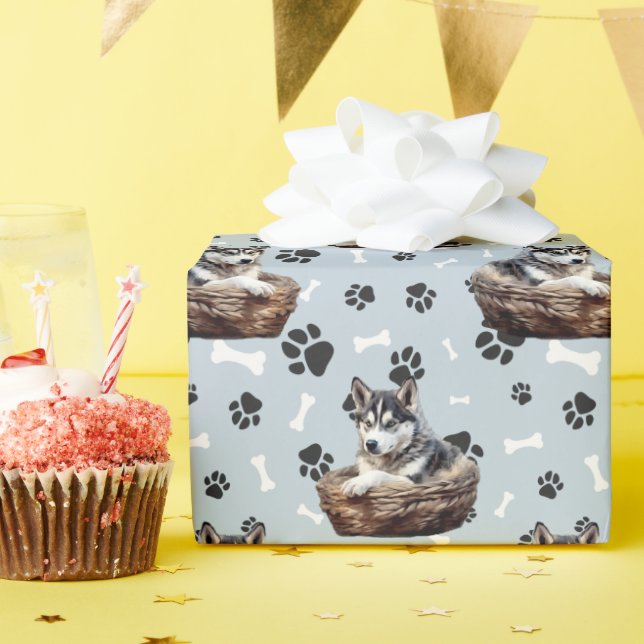 Sibirische Husky-Welpe in Basketball, Paw Print Geschenkpapier (Geburtstagsparty)