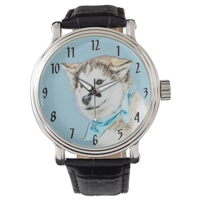 Sibirische Husky-Welpenmalerei - Original Hundesch Armbanduhr (Vorderseite)