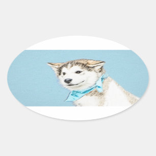 Sibirische Husky-Welpenmalerei - Original Hundesch Ovaler Aufkleber