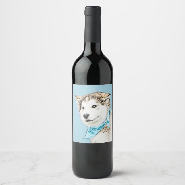 Sibirische Husky-Welpenmalerei - Original Hundesch Weinetikett (Vorderseite)