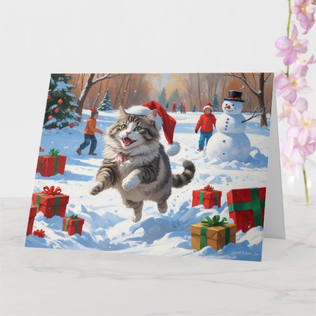 Sibirische Katze läuft im Schnee mit Weihnachtsmüt Karte (Orchidee)